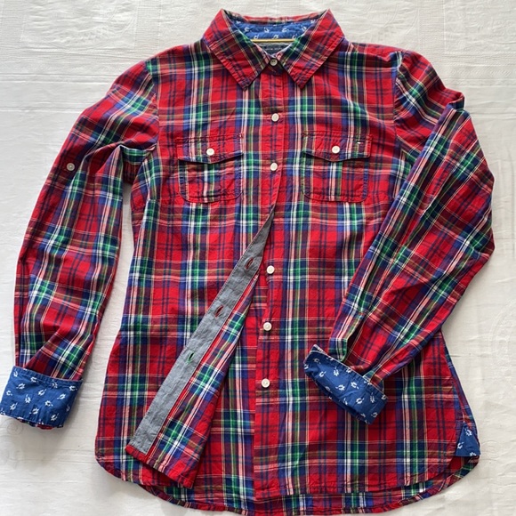 Tommy Hilfiger plaid Cotton button down blouse. Red/Blue/Green plaid. Size Small - Picture 3 of 8